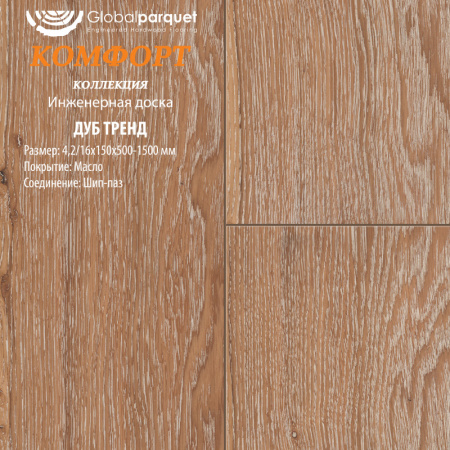 Инженерная доска Global parquet (Глобал Паркет) Дуб Тренд Кантри 3/15 х 100 х (500-1500)мм